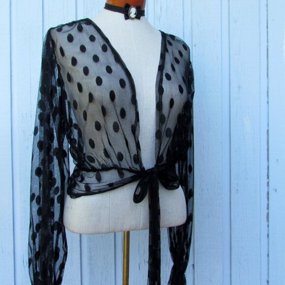 SHEER BLACK JACKET WRAP, M, BLACK POLKA DOTS, EMBER NWT LONG SLEEVES - Picture 2 of 9